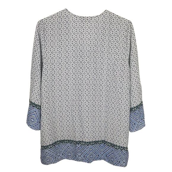 NYDJ Womens Beaded V-Neck Tassel Blouse 3/4 Sleeve Geometric Pattern Blue Small - Picture 2 of 13